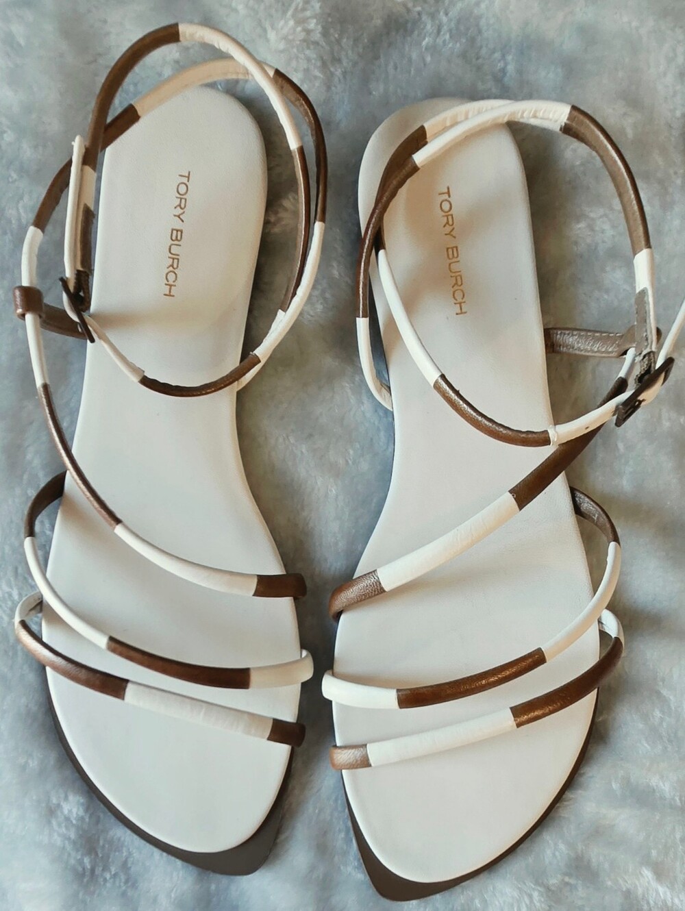 Tory Burch White and Brown Strappy Flat Sandals